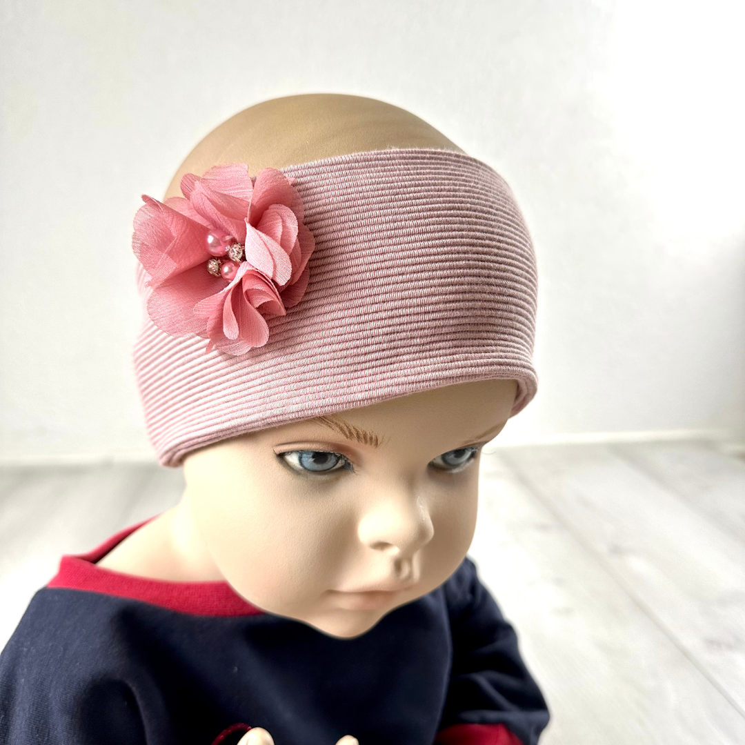 Stirnband 45cm Ribjersey rosa mit Blume