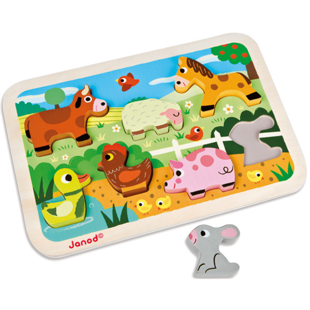 Holzpuzzle mit Bauernhoftieren, die Tiere können ausserdem zum Spielen gebraucht werden