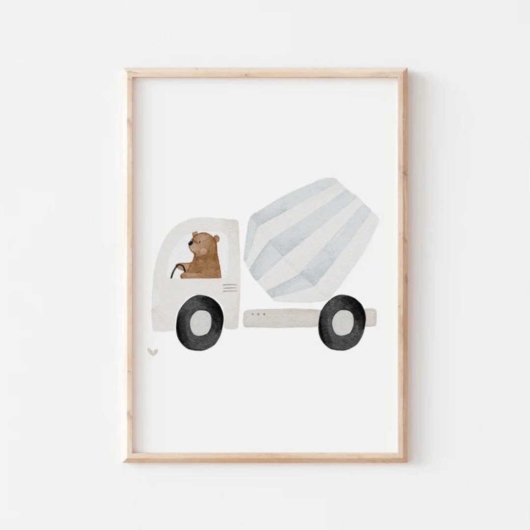a4 poster von hand gezeichnet, bär im betonmischer im holzbilderrahmen