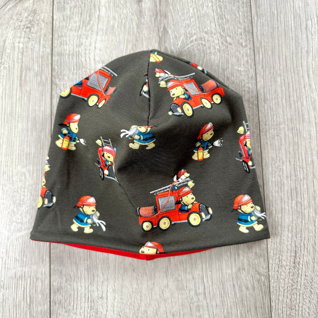 dunkelgrau/rot mit Feuerwehrbärchen