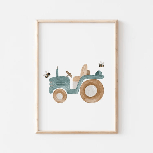 a4 poster mit traktor farbig, von hand gezeichnet inklusive passendem Bilderrahmen