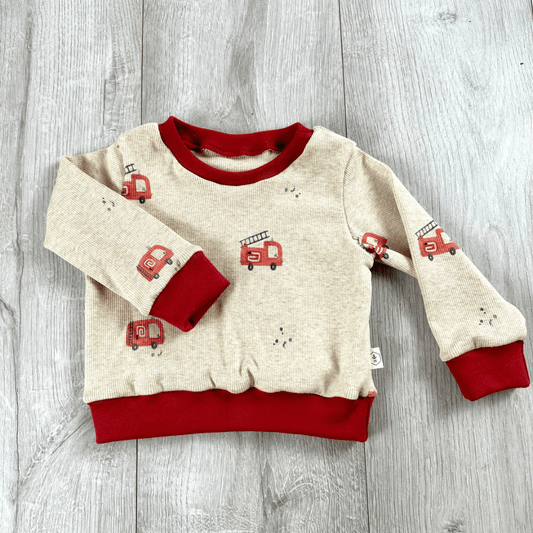 babysweater, pullover für babys, ribjersey, feuerwehtmotiv, grösse 74